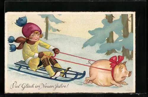 Künstler-AK Schwein zieht Kind auf Schlitten - Neujahrsgruss