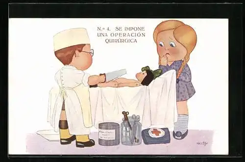Künstler-AK Kinder spielen Chirurg und zersägen eine Puppe
