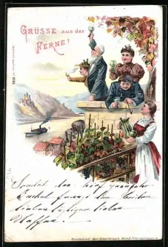 Lithographie Menschen beim Weintrinken grüssen Dampfer in der Ferne