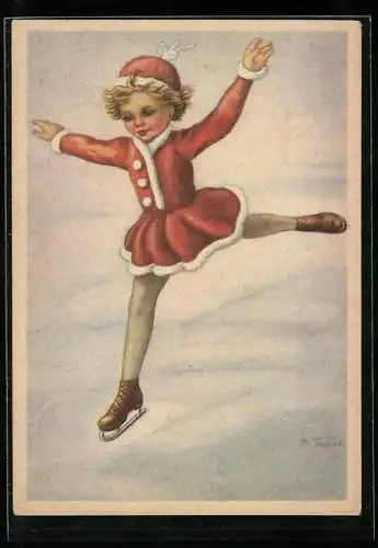 Künstler-AK Kleines Kind im roten Kleid fährt Schlittschuh