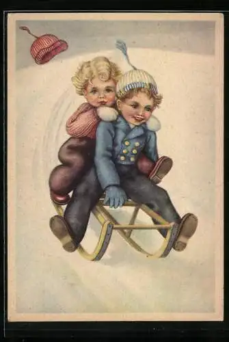 Künstler-AK Kleine Kinder fahren gemeinsam Schlitten den Berg hinab