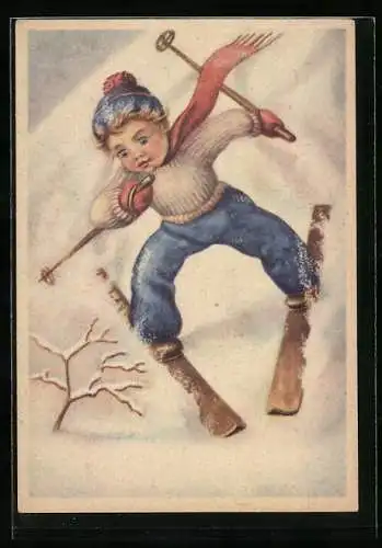Künstler-AK Kleiner Junge fährt Ski vom Berg hinab