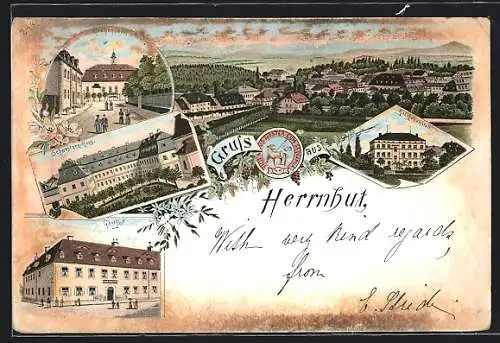 Lithographie Herrnhut, Gasthof, Kirchensaal, Mädchenhaus