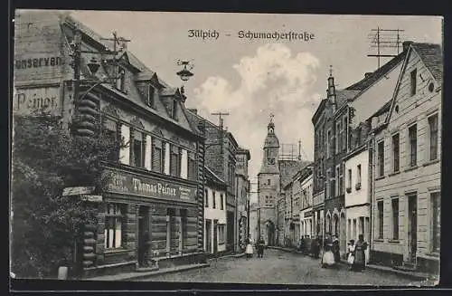 AK Zülpich, Schumacherstrasse mit Conditorei Peiner und Turmgebäude