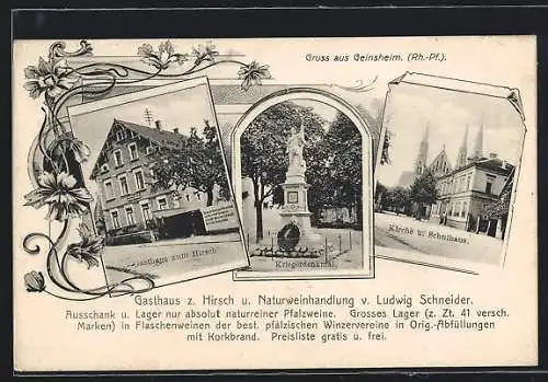 AK Geinsheim / Pfalz, Gasthaus zum Hirsch, Kriegerdenkmal, Kirche und Schulhaus