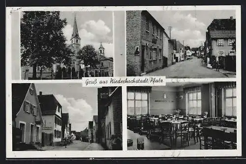 AK Niederhochstadt /Pfalz, Strassenpartie mit Gasthof zum Schwanen, Ortspartie mit Kirche