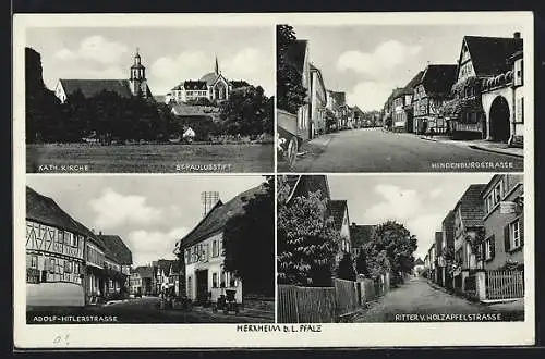 AK Herxheim b. L. /Pfalz, Kath. Kirche und St. Paulusstift, Ritter von Holzapfel-, Hindenburg- und strasse