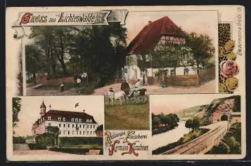 AK Lichtenwalde, Restaurant & Fleischerei Hermann Kürschner, Ortsansicht