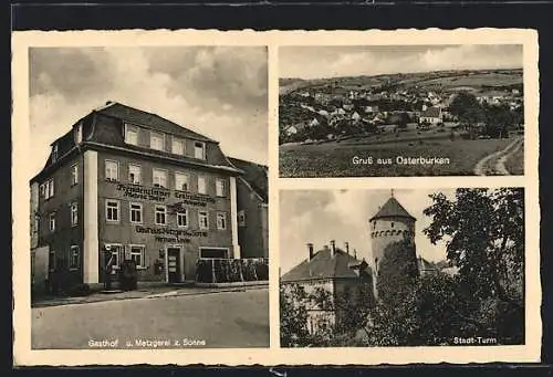 AK Osterburken, Gasthof-Metzgerei zur Sonne H. Linder, Stadt-Turm, Gesamtansicht