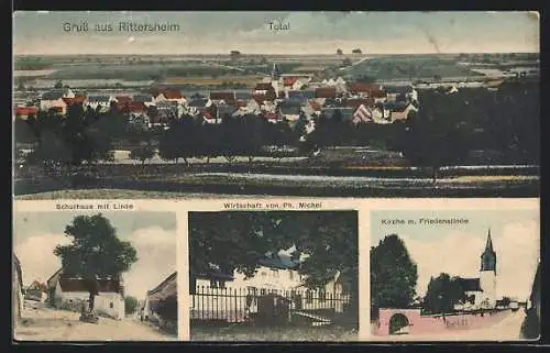 AK Rittersheim, Gasthaus Ph. Michel, Schulhaus mit Linde, Totalansicht