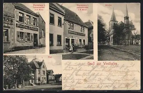 AK Westhofen / Rhh., Lebensmittel Mohr, Post und Kirche