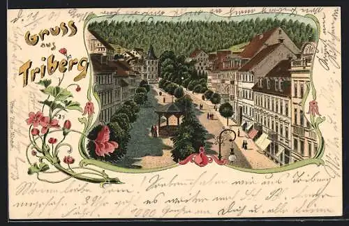 Lithographie Triberg, Strassenpartie mit Pavillon und Turm aus der Vogelschau