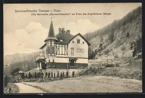 AK Themar /Th., Hotel Villa Bennewitz /Werraschlösschen am Fusse des eingefallenen Berges