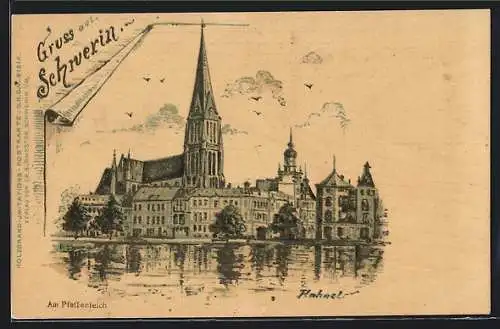 Lithographie Schwerin / Mecklenburg, Stadtpanorama am Pfaffenteich