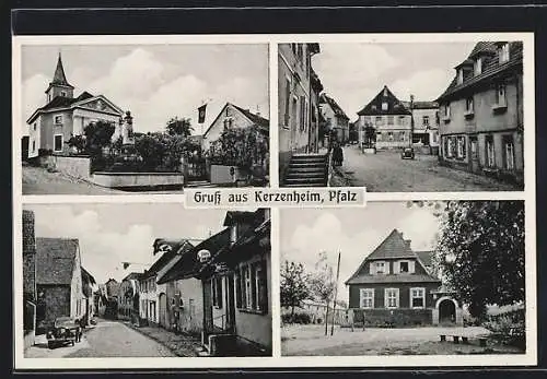 AK Kerzenheim /Pfalz, Gemischtwaren Geschwister Ebel, Strassenpartie, Kirche, Denkmal und Gebäude mit 