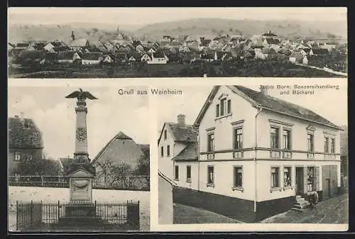 AK Weinheim / Alzey, Spezereihandlung und Bäckerei Jacob Born, Kriegerdenkmal