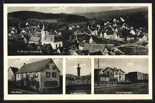 AK Auerbach / Elztal, Bahnhof, Kriegerdenkmal, Schulhaus, Ortsansicht