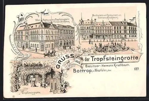 Lithographie Bottrop in Westfalen, Hotel-Restaurant zur Tropfsteingrotte, Marktplatz mit Restaurant von H. Kirschbaum