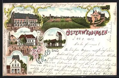 Lithographie Osterweddingen, Gewerbe von F. H. Oeltze, Gutshof H. Rusche, Strassenpartie