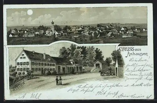 Mondschein-Lithographie Anhausen / Diedorf, Gasthaus von A. Bader, Ortsansicht