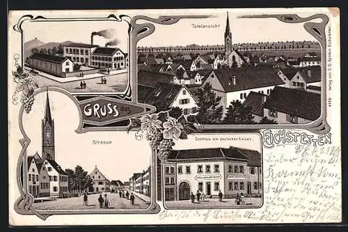 Lithographie Eichstetten, Gasthaus zum deutschen Kaiser, Strasse, Fabrik