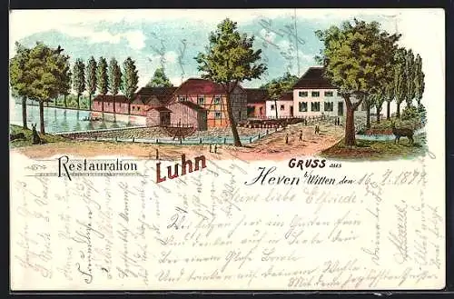 Lithographie Heven bei Witten, Restaurant Luhn und Wassermühle