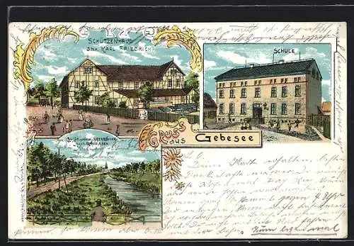 Lithographie Gebesee, Gasthof Schützenhaus, Schule, Blick von der Gerabrücke