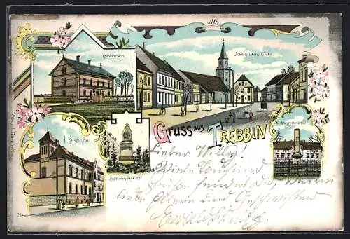 Lithographie Trebbin, Krankenhaus, Marktplatz mit Kirche, Kriegerdenkmal, Kaiserl. Post