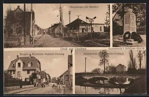 AK Okarben, Hauptstrasse mit Bahnhof, Drogen-Geschäft Fladung