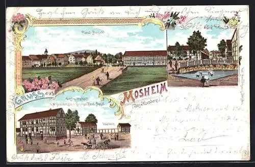 Lithographie Mosheim, Totalansicht, Gasthaus mit Kegelbahn, Teich