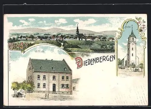 Lithographie Diedenbergen, Schule, Kirche, Totalansicht
