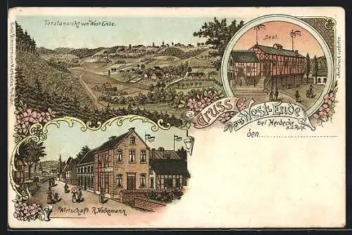 Lithographie Herdecke-West-Ende, Gasthaus R. Nockemann, Ortsansicht