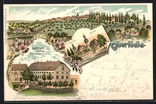 Lithographie Oberlödla, Gasthof von Linus Graichen, Schloss und Kirche