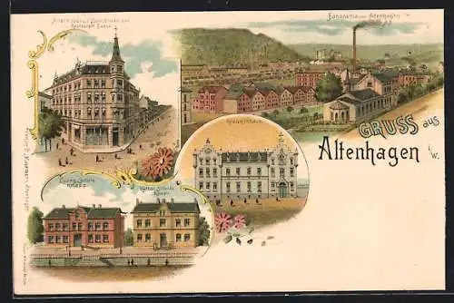 Lithographie Altenhagen / Hagen, Restaurant Boese, Krankenhaus, Knapp-Schulen