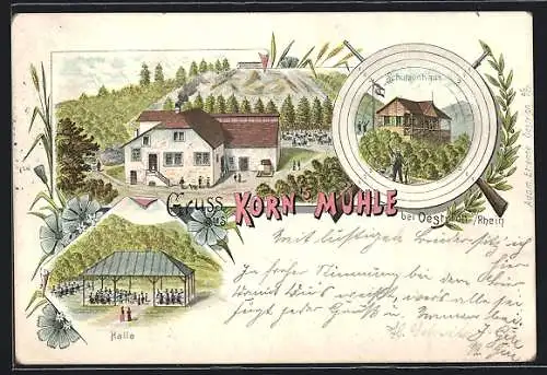 Lithographie Oestrich a. Rhein, Gasthof Korn`s Mühle, Schützenhaus