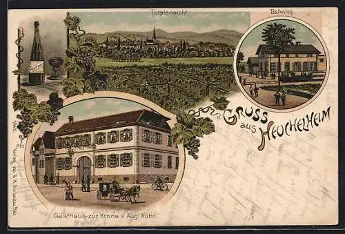 Lithographie Heuchelheim / Klingen, Bahnhof, Gasthaus zur Krone, Totalansicht