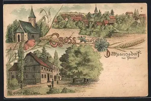 Lithographie Dittmannsdorf bei Borna, Gasthof, Kirche, Ortsansicht