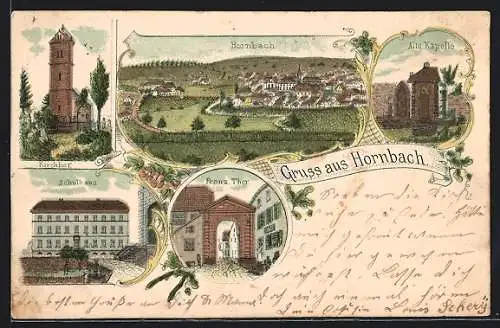 Lithographie Hornbach / Pfalz, Schulhaus, Franz. Thor, Kirchhof
