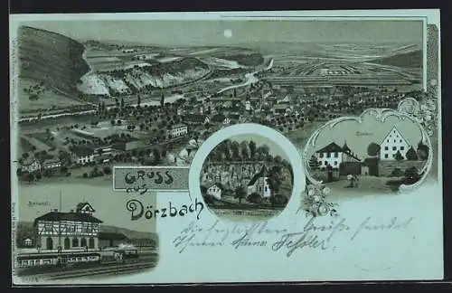 Mondschein-Lithographie Dörzbach, Bahnhof, Schloss, Kapelle St. Wendel zum Stein