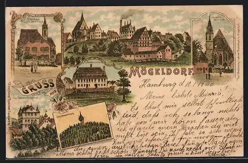 Lithographie Mögeldorf, Pfarrhaus, Baderschloss, Doktorschlösschen