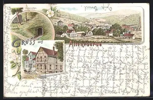 Lithographie Altenvoerde, Gasthof zur Post, Kluthershöhle, Panorama