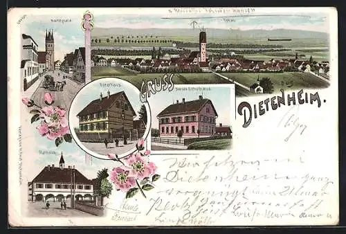 Lithographie Dietenheim, Forsthaus, Neues Schulhaus, Marktplatz