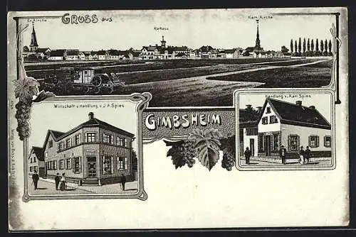 Lithographie Gimbsheim, Handelsladen, Rathaus und Ortspanorama