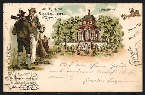 Lithographie Nürnberg, XII. Deutsches Bundesschiessen, 1897, Gabentempel, Jäger mit Gewehr