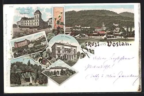 Lithographie Vöslau, Hotel Zwirschütz, Hotel Hallmayer und Ortsausblick