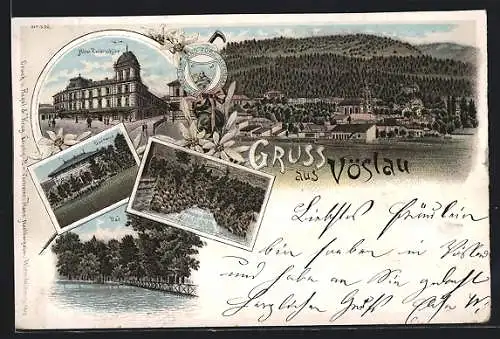 Lithographie Vöslau, Ortsansicht mit Kirche, Hotel Zwierschütz, Kurhaus, Ursprung, Bad