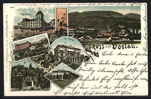 Lithographie Vöslau, Hotel Zwirschütz, Hotel Hallmayer und Ortsausblick
