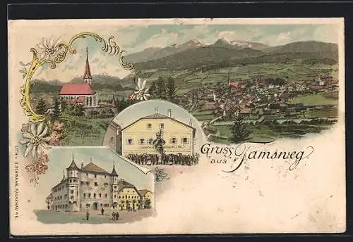 Lithographie Tamsweg, Gasthaus v. J. Esl, St. Leonhard, Totalansicht