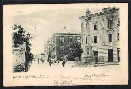 AK Wels, Untere Ringstrasse mit Denkmal