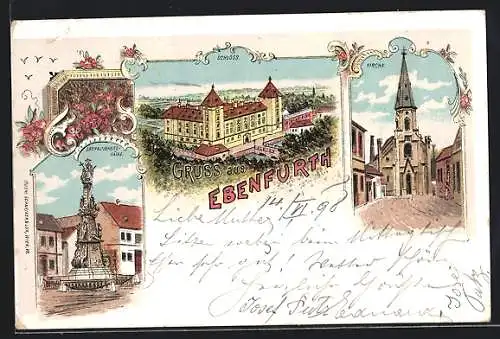 Lithographie Ebenfurth, Schloss, Dreifaltigkeitssäule, Kirche